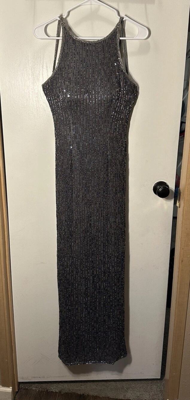 Scala 100% Silk Long Beaded Sequin Evening Gown Navy Blue SZ Small